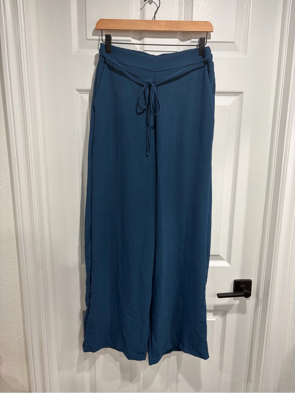 Women’s High Rise Wide Leg Pants Blue with Tie Waist Elastic